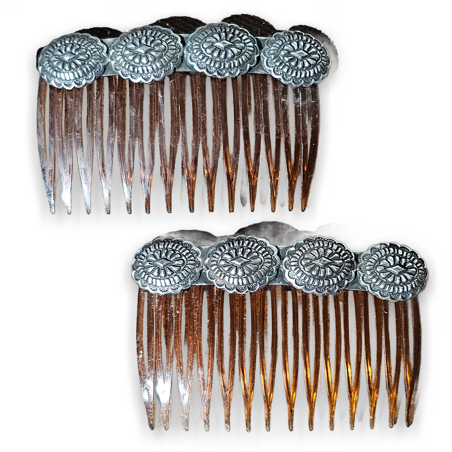 Vintage Western Hair Combs with Silver Concho Accents - Set of 2