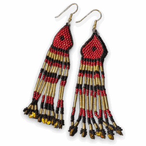 Handmade Red Black Gold Beaded Fringe Dangle Earrings with Sequins