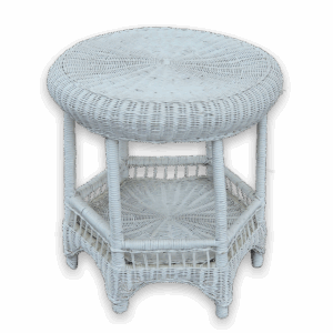 Vintage White Wicker Round Side Table with Lower Shelf