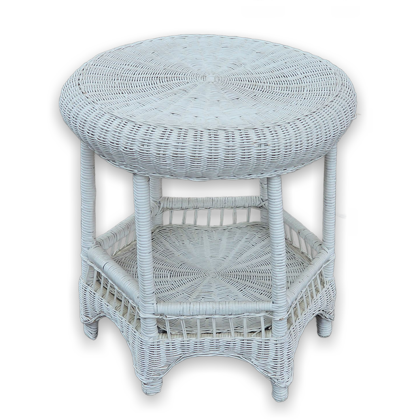 Vintage White Wicker Round Side Table with Lower Shelf