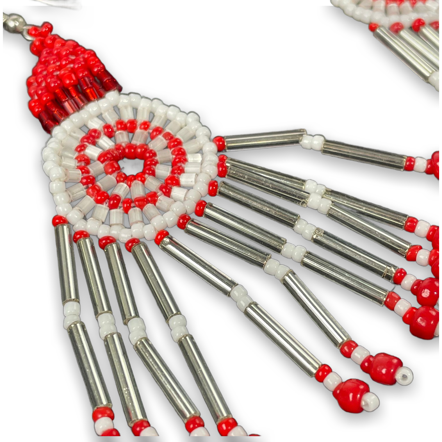 Handmade Red White Beaded Native Style Dangle Earrings