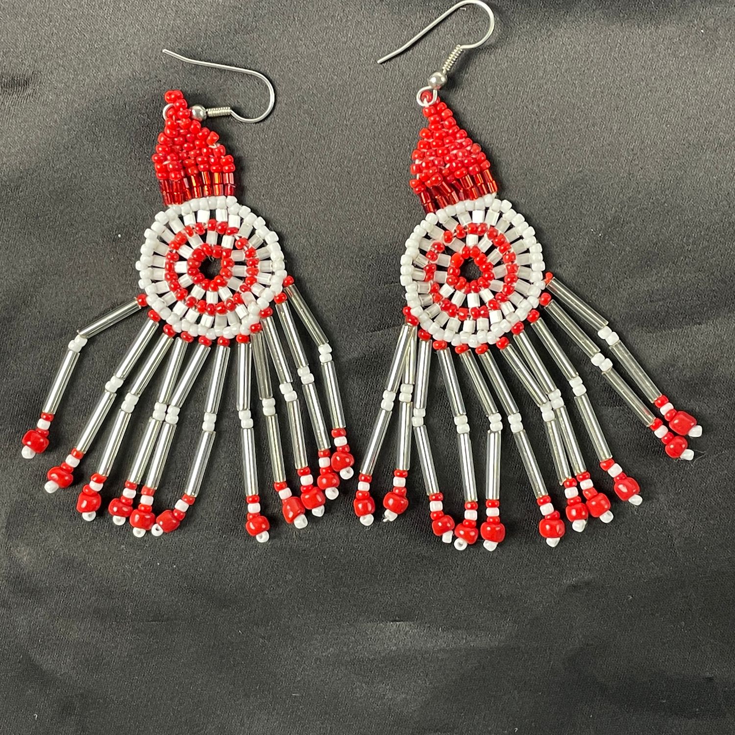 Handmade Red White Beaded Native Style Dangle Earrings - Image 2