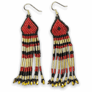 Handmade Red Black Gold Beaded Dangle Fringe Earrings Boho Tribal Style