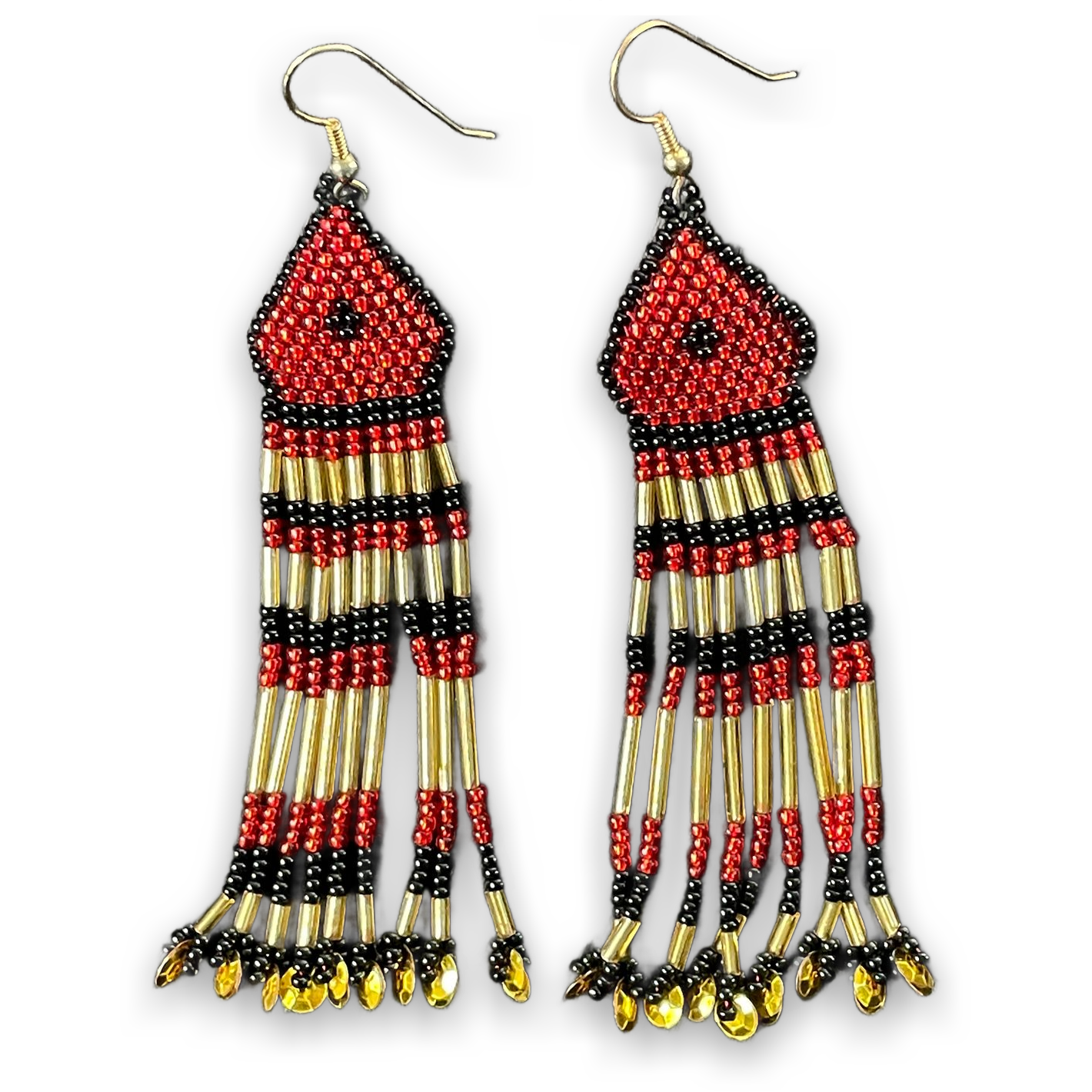 Handmade Red Black Gold Beaded Dangle Fringe Earrings Boho Tribal Style