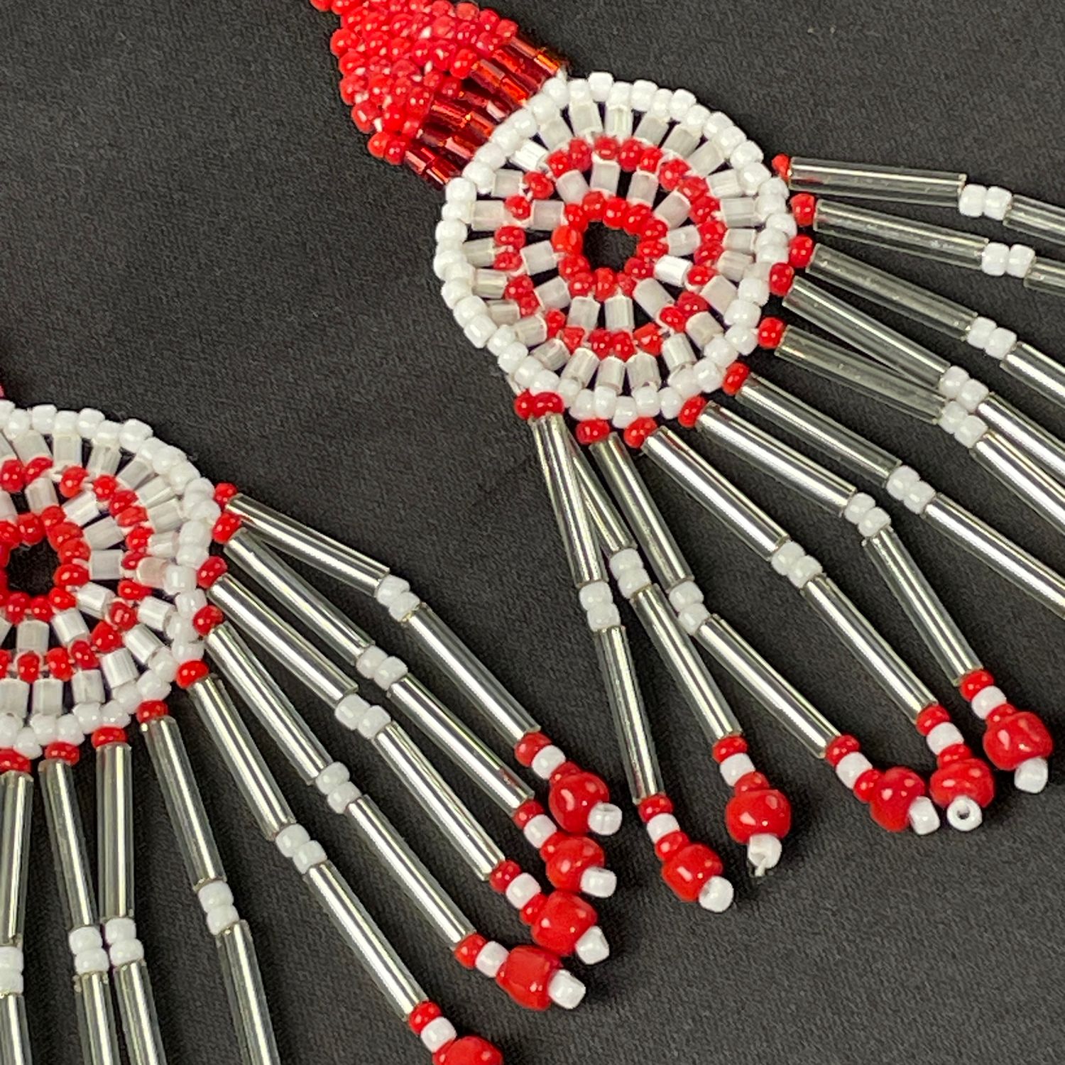 Handmade Red White Beaded Native Style Dangle Earrings - Image 3