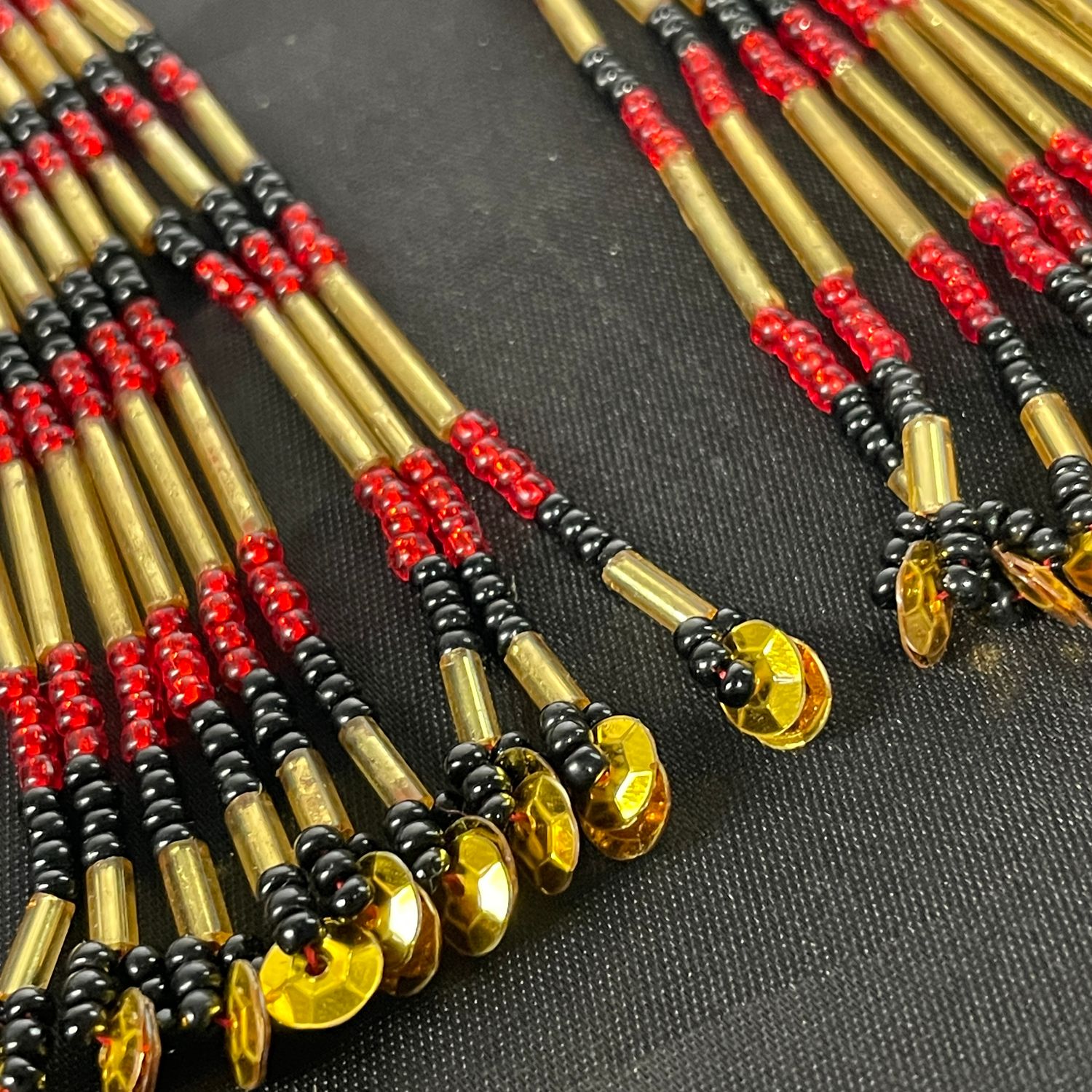 Handmade Red Black Gold Beaded Dangle Fringe Earrings Boho Tribal Style - Image 2