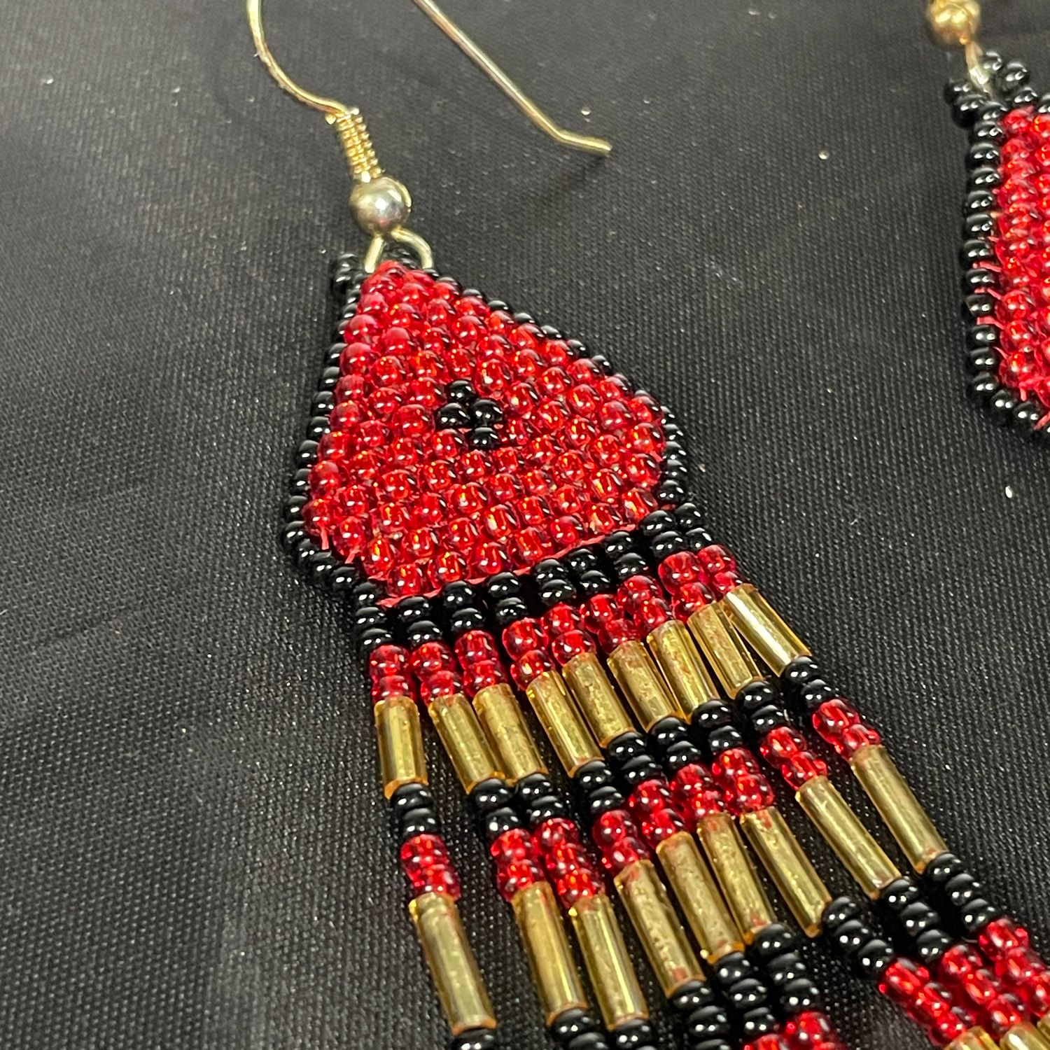 Handmade Red Black Gold Beaded Dangle Fringe Earrings Boho Tribal Style - Image 3