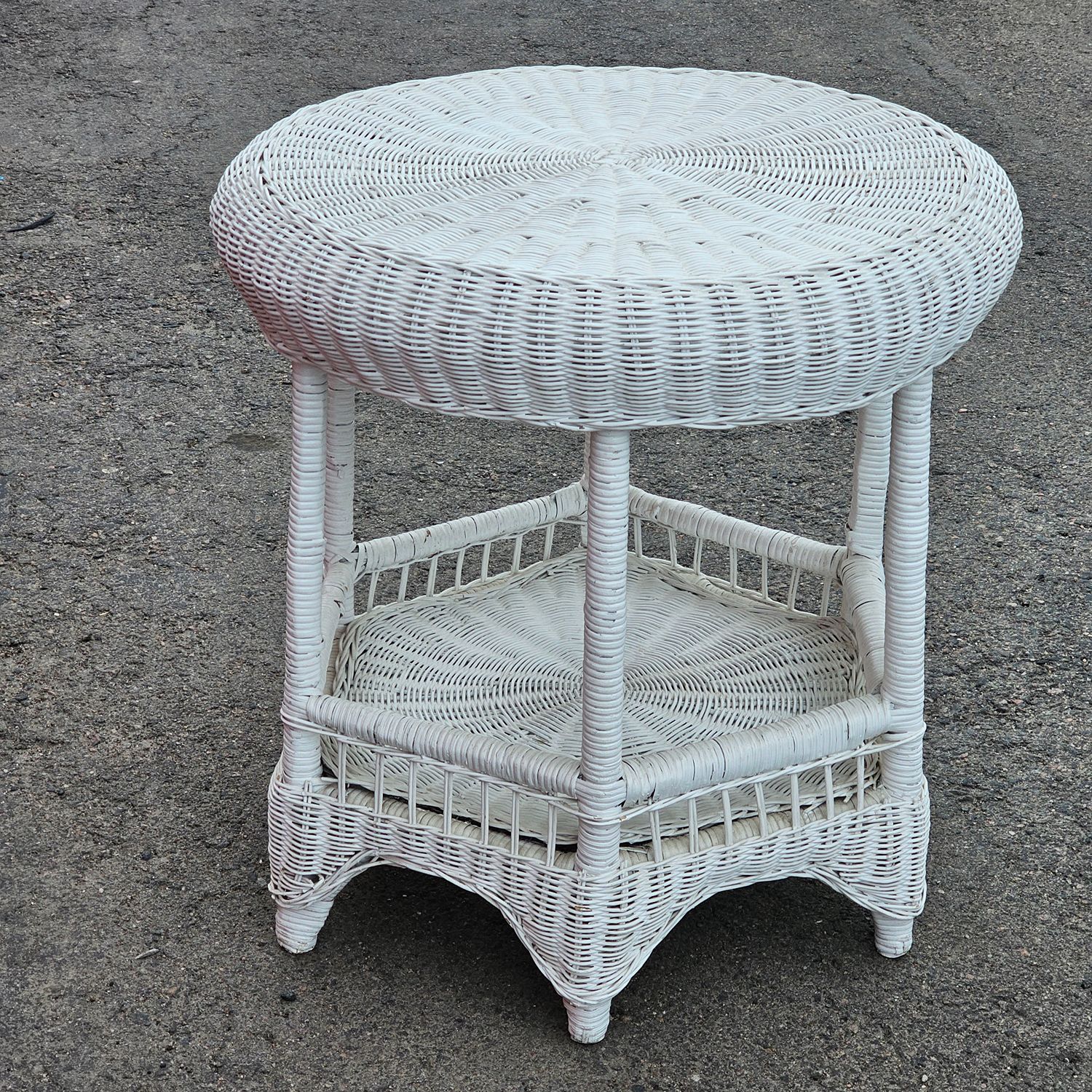 Vintage White Wicker Round Side Table with Lower Shelf - Image 5