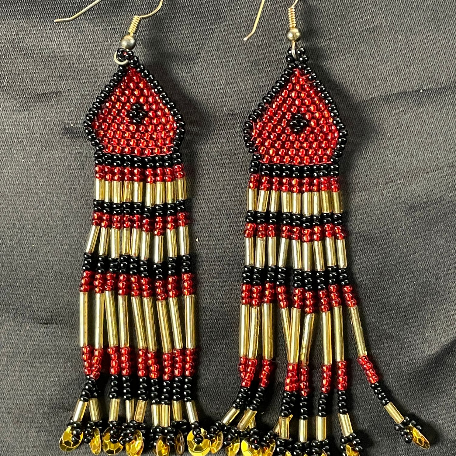 Handmade Red Black Gold Beaded Dangle Fringe Earrings Boho Tribal Style - Image 4