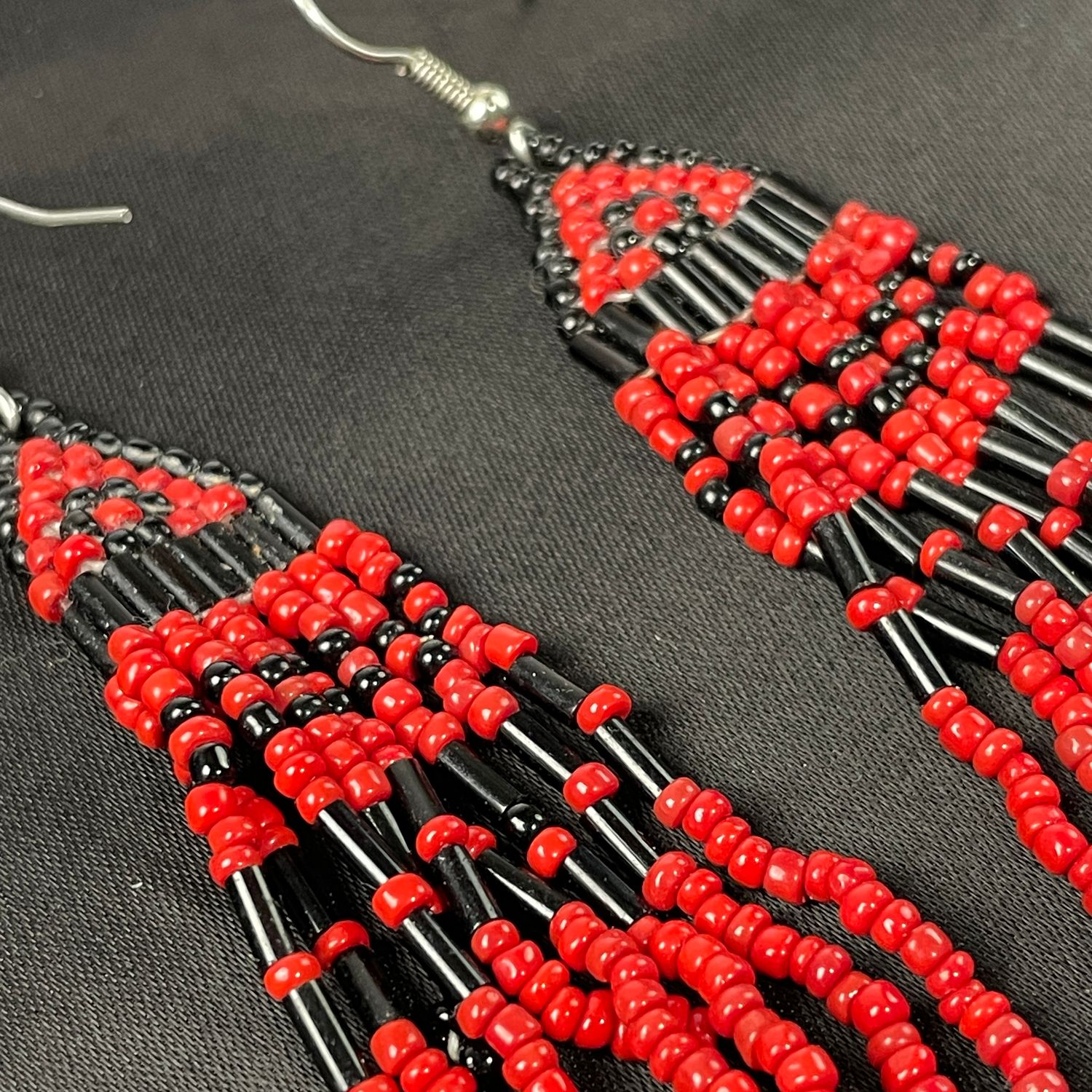 Handmade Red Black Beaded Dangle Earrings Boho Tribal Style - Image 2