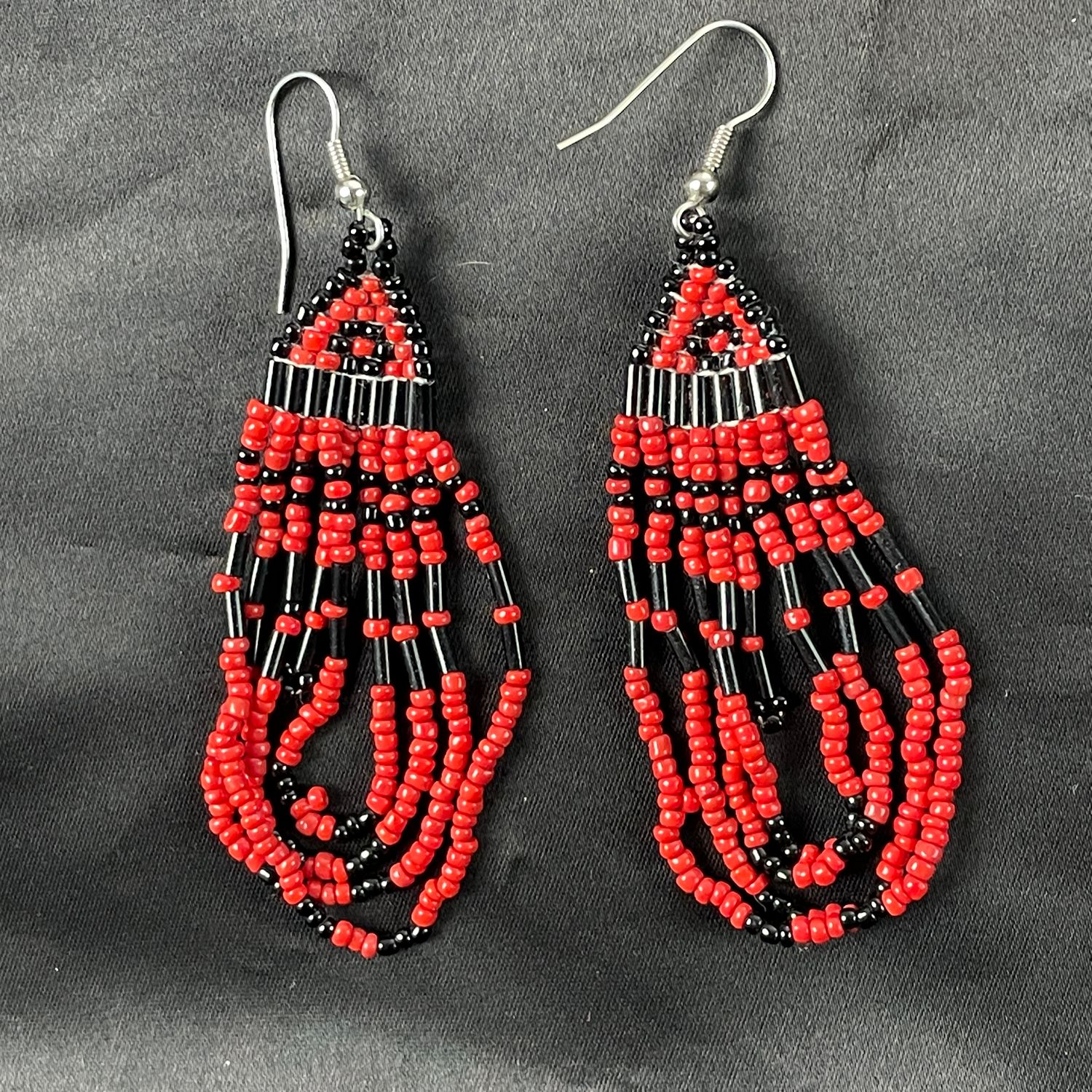 Handmade Red Black Beaded Dangle Earrings Boho Tribal Style - Image 3
