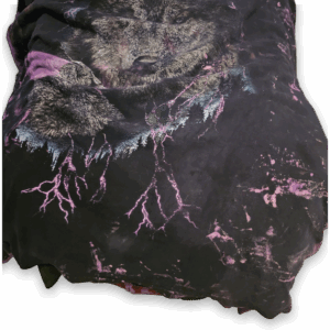 Men's Black Graphic T-Shirt with Purple Lightning and Wolf Design