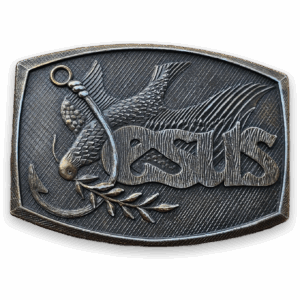 Vintage Jesus Fish Hook Brass Belt Buckle 1976 Insignia Co. Antique Finish