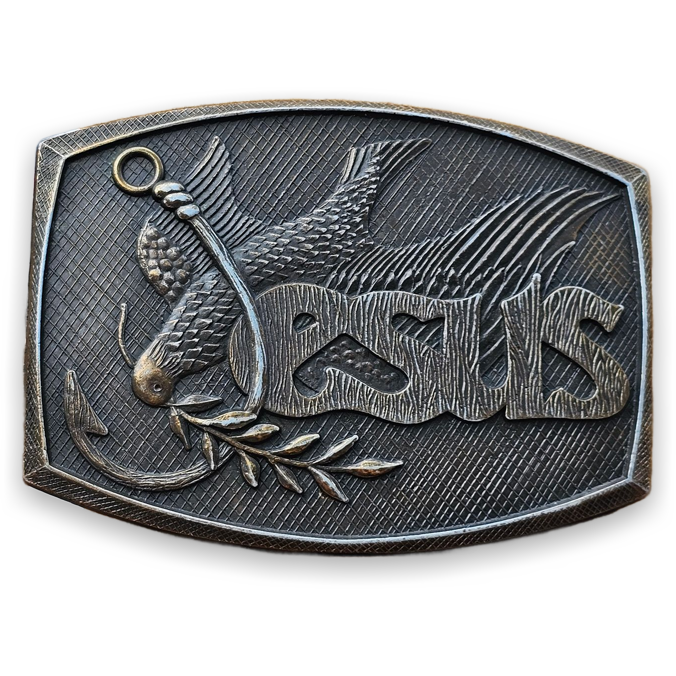 Vintage Jesus Fish Hook Brass Belt Buckle 1976 Insignia Co. Antique Finish