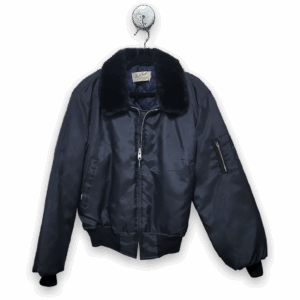 Men's Navy Nylon Flight Bomber Jacket Faux Fur Collar Size Large