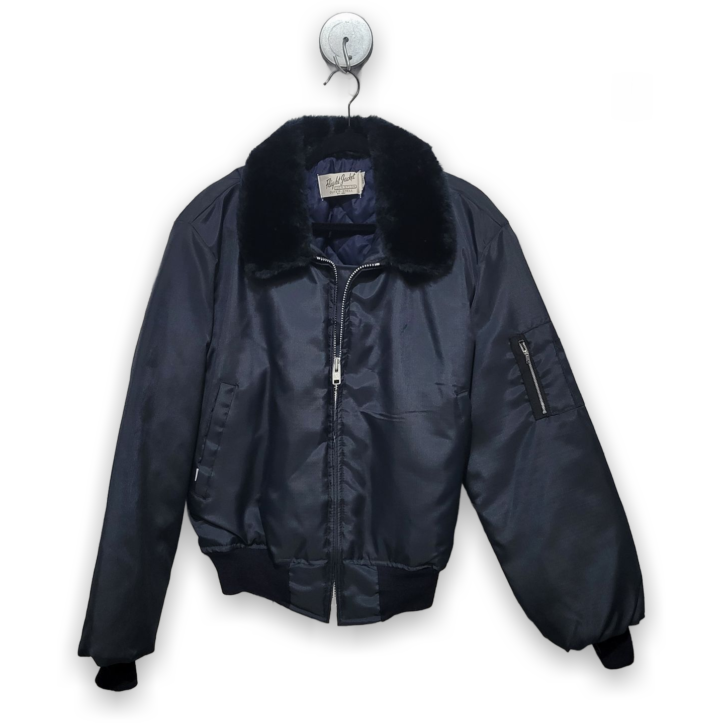 Men's Navy Nylon Flight Bomber Jacket Faux Fur Collar Size Large