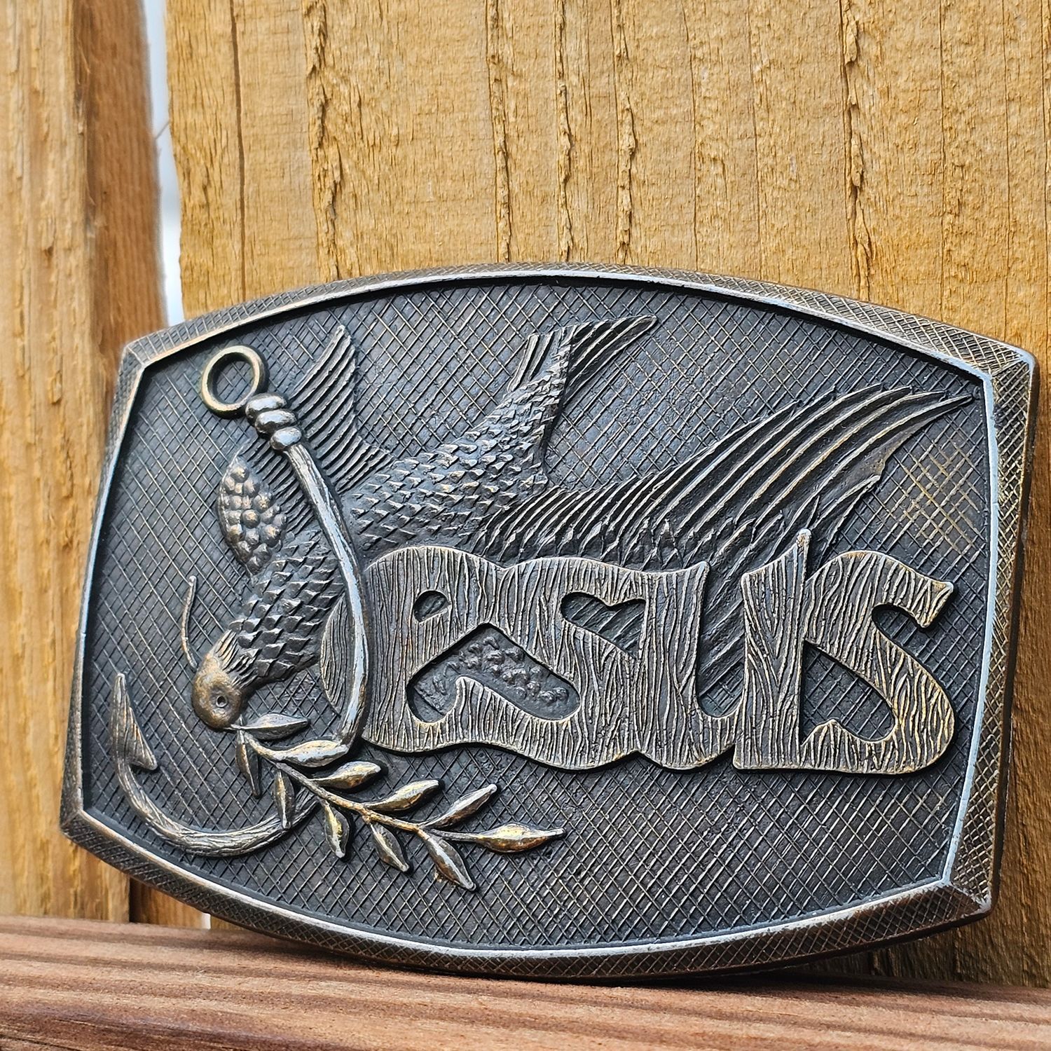 Vintage Jesus Fish Hook Brass Belt Buckle 1976 Insignia Co. Antique Finish - Image 3