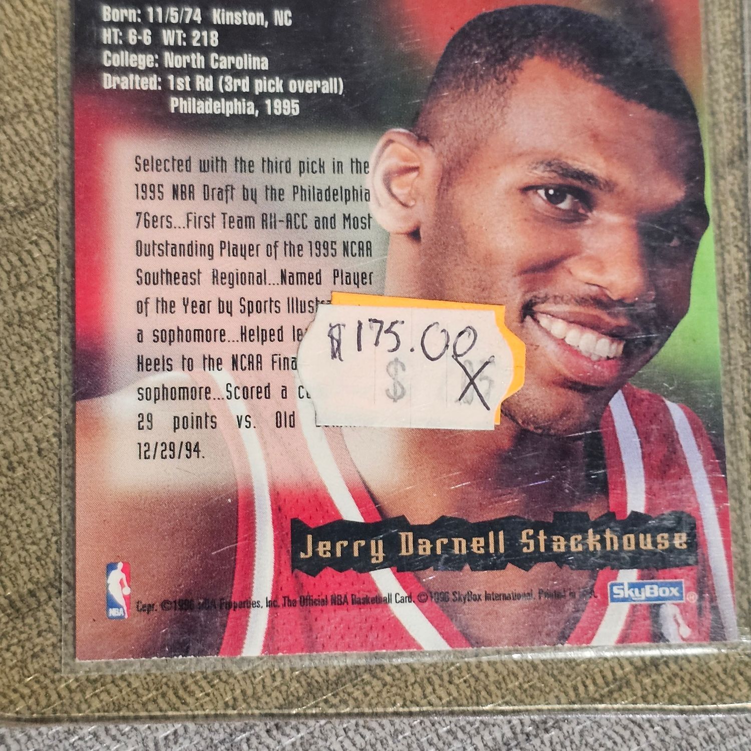 1995 SkyBox NBA Hoops Jerry Stackhouse Rookie Card #215 - Image 3