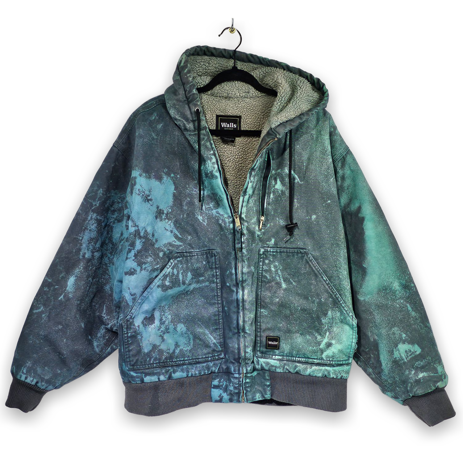 Walls XL Sherpa Lined Work Jacket Green Black Acid Wash Men's Hoodie