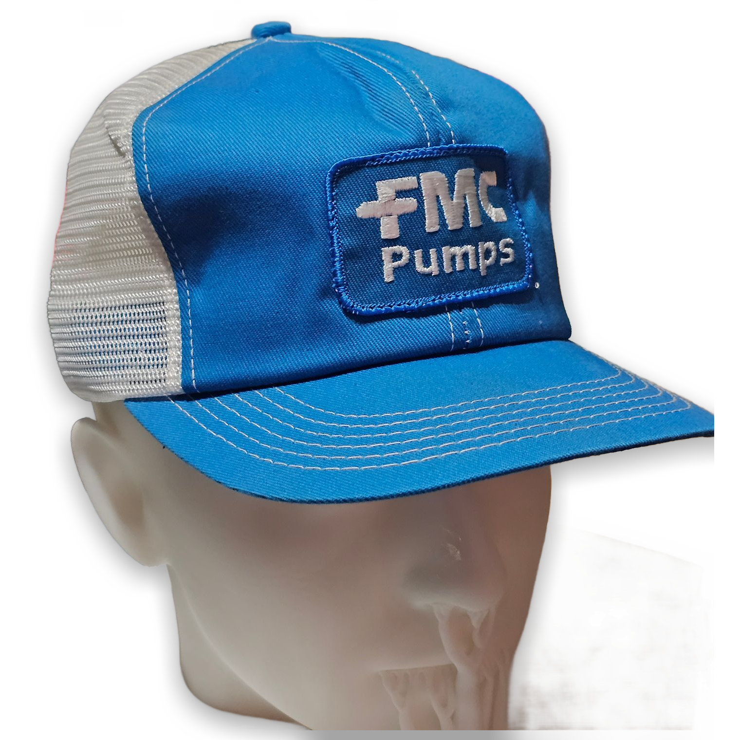 Vintage FMC Pumps K-Products Trucker Hat Blue White Mesh Snapback Cap